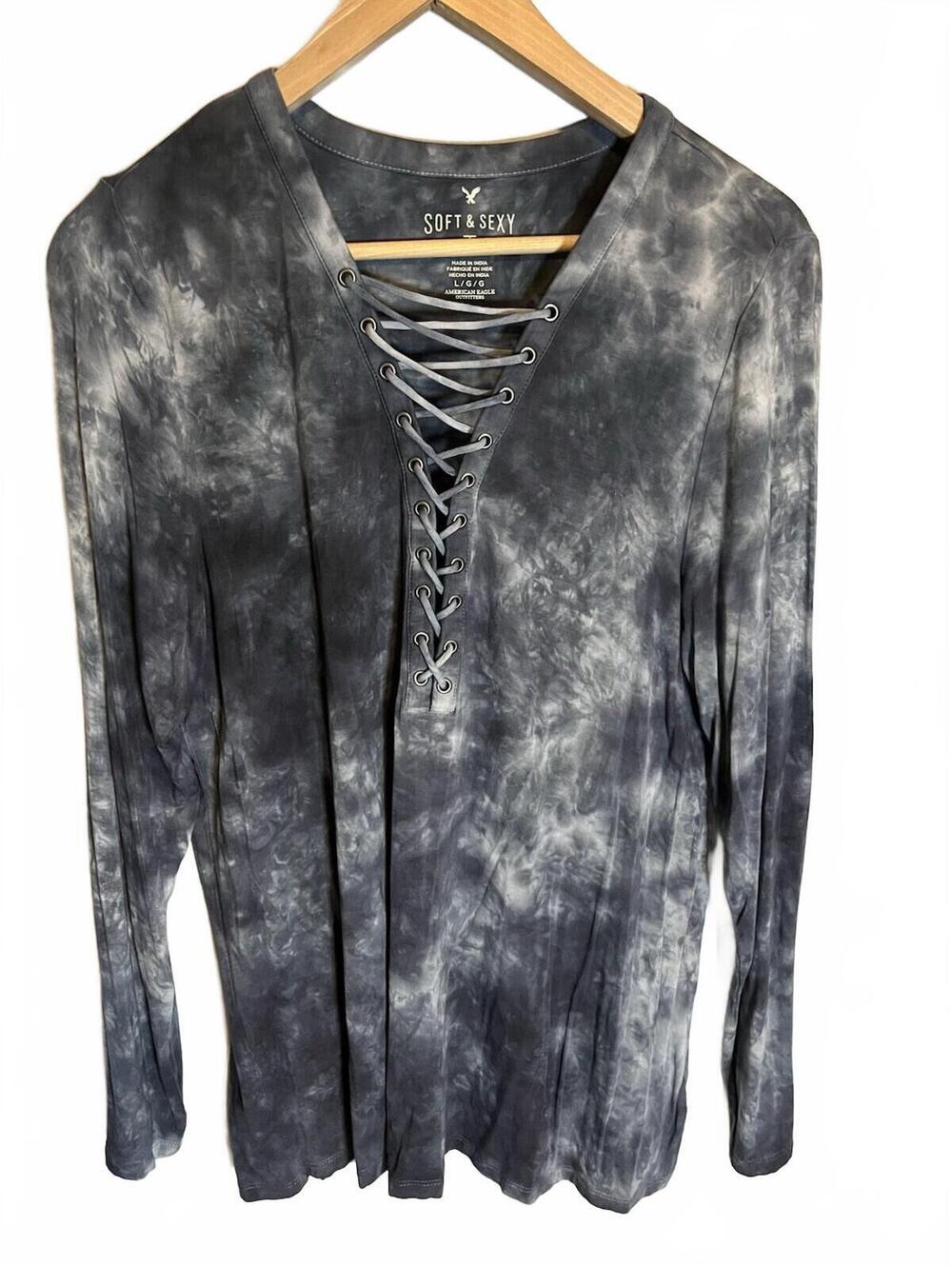 American Eagle Soft & Sexy Tie-dye Gray Strappy Corset Neck L Long Sleeve Large